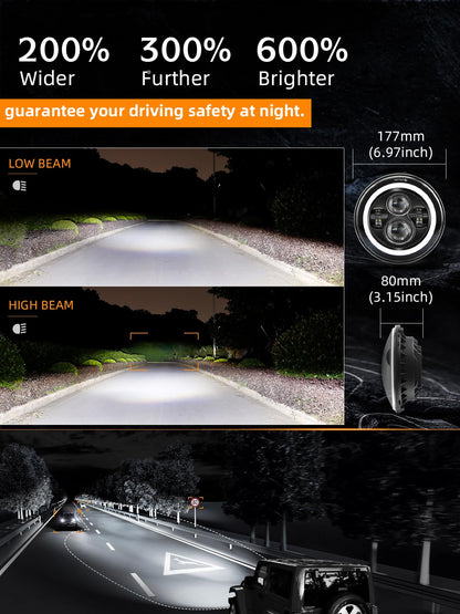 2PCS Black 7" LED Headlights - DOT Approved, H6024 Fit with DRL & Signals