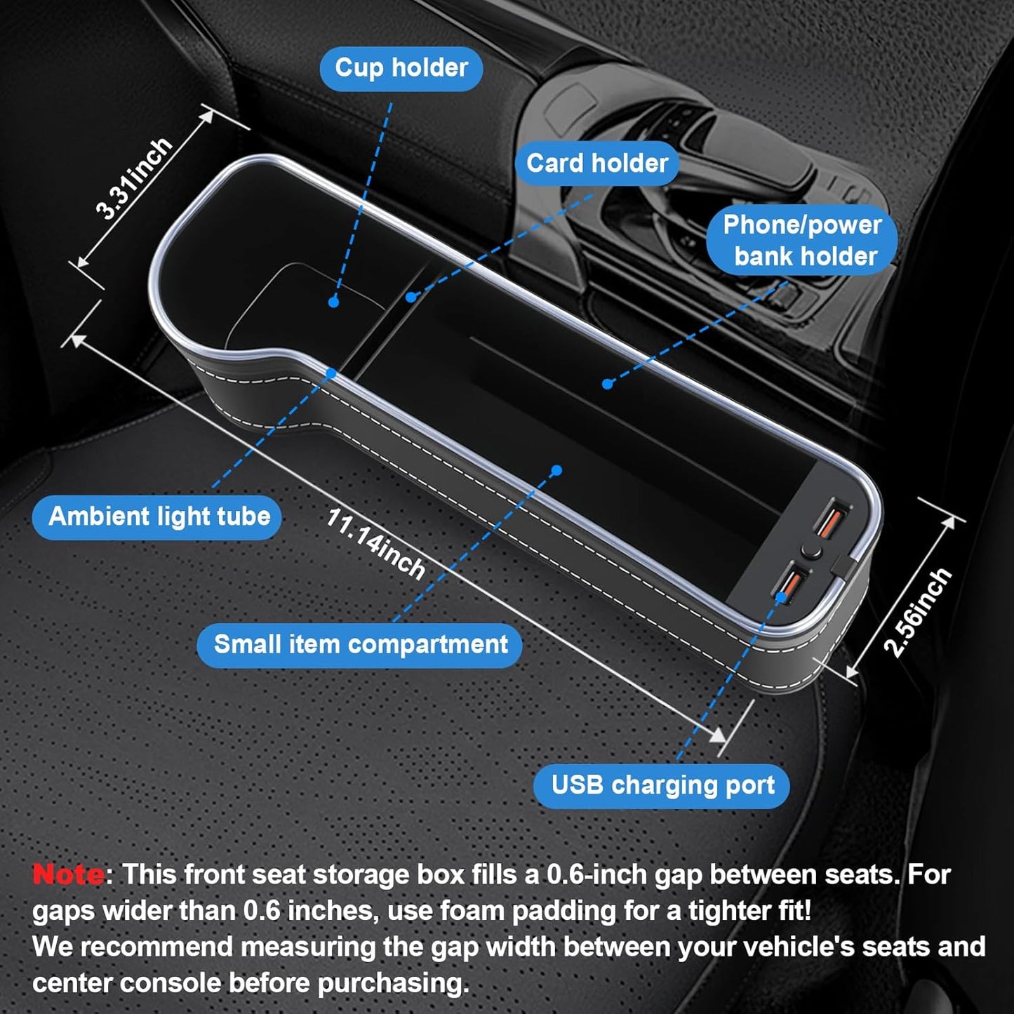 2-Pack LED Seat Gap Organizer with Cup Holder/Card Slots - Reduces Item Loss