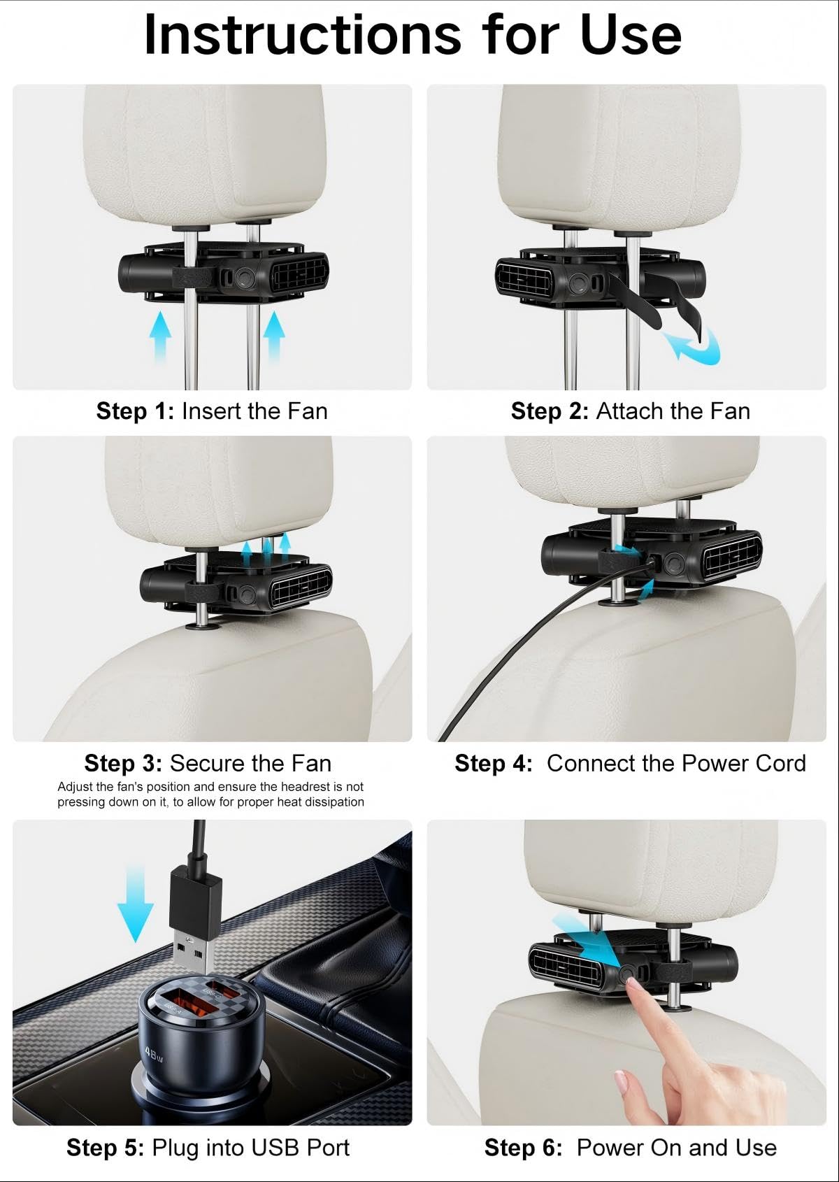 Car Seat Fan 2 Pack, 3 Speeds USB Powered, Headrest Mount with Airflow Switch
