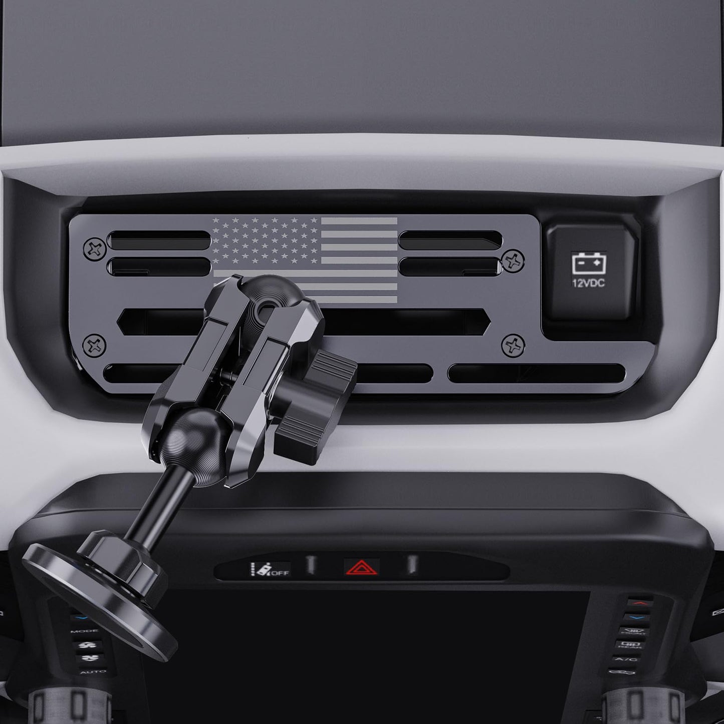 Steel Phone Mount for 2019+ Ram 1500/2500/3500/TRX - Dual Head Magnetic & Clamp, USA Flag Design, OEM Dash Screw Mount