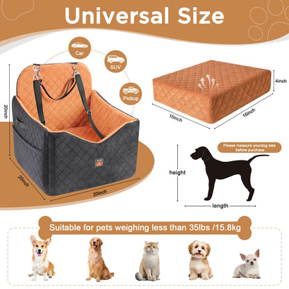 Small/Medium Dog Car Seat w/Side Opening - Thick Cushion, Detachable Washable, 35 lb Capacity (Grey)