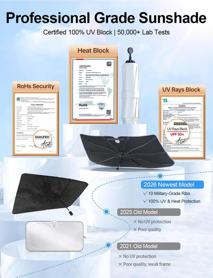 Truck Windshield Umbrella Sun Shade - Ice Crystal Coating, 99.9% UV/Heat Block for F-150/Silverado/Tundra/RAM/Sierra