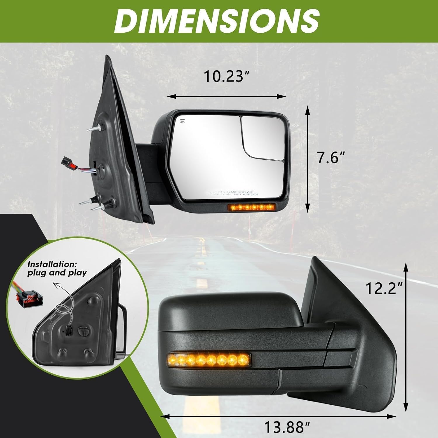 Side Mirrors for 2004-2014 Ford F-150 with Dynamic Turn Signal Puddle Light Heated Power Glass Manual Folding Tow Mirrors- Pair