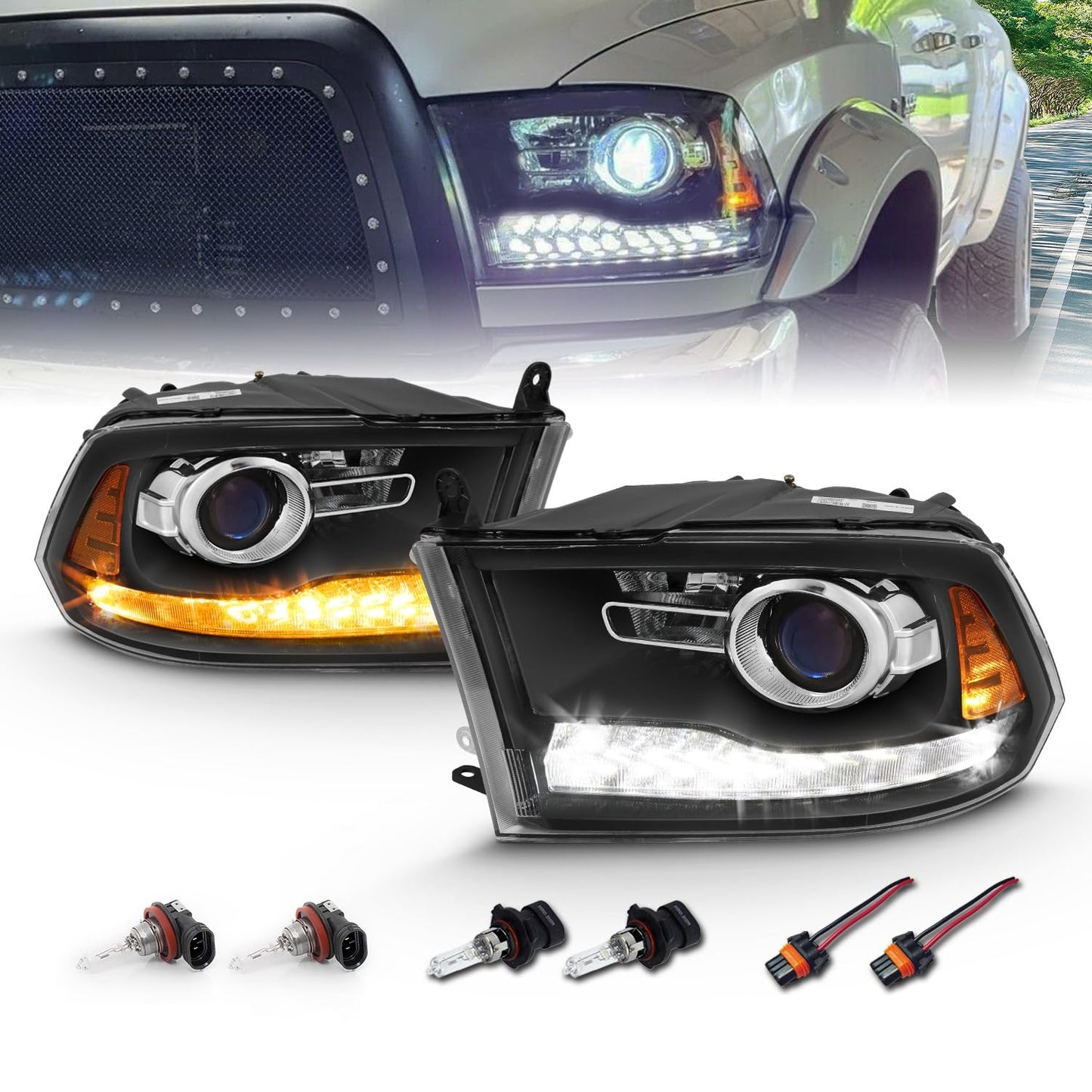 AmeriLite for 2009-2018 Dodge Ram 1500 2500 3500 BOTH Models Switchback LED Polished Black Replacement Projector Headlight Assembly Set - Passenger and Driver Side