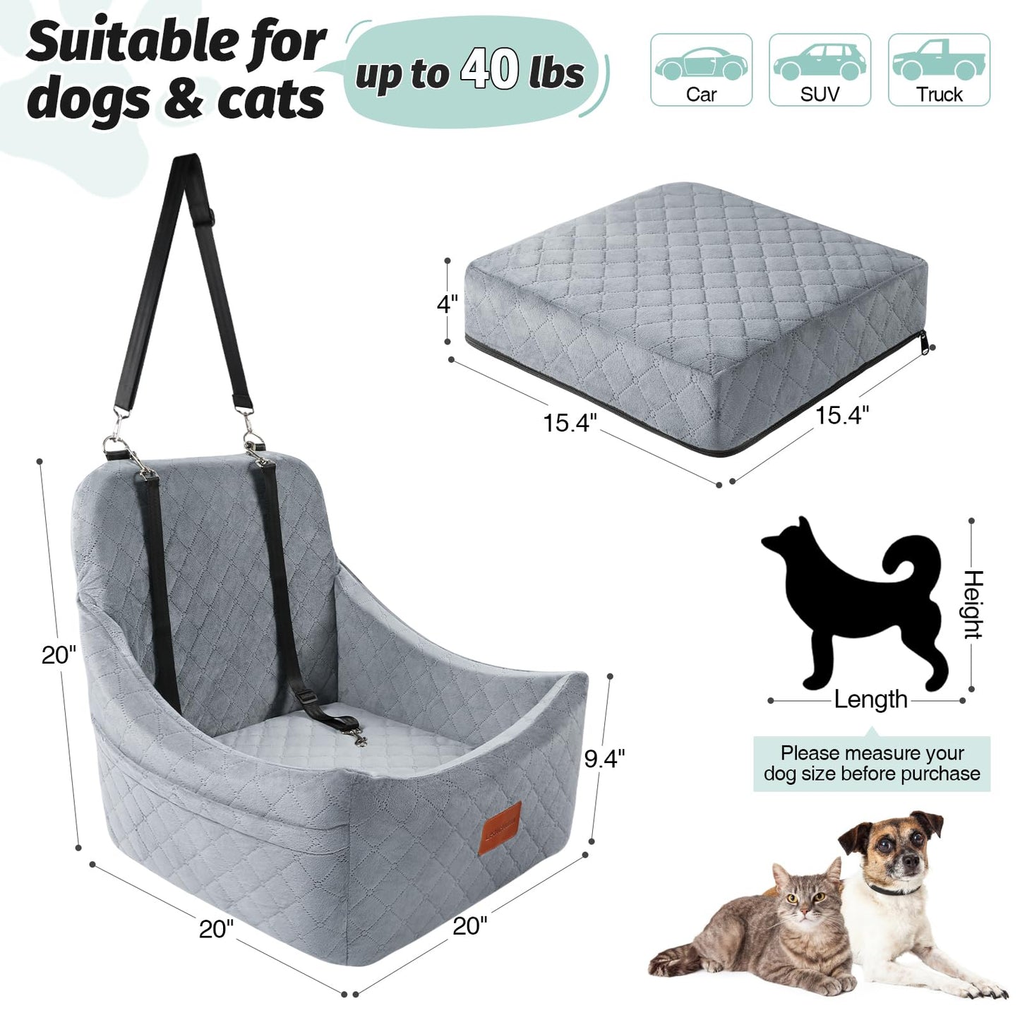 Dog Booster Car Seat for Medium Dogs Up to 40lbs Pets with 2 Clip-On Leashes