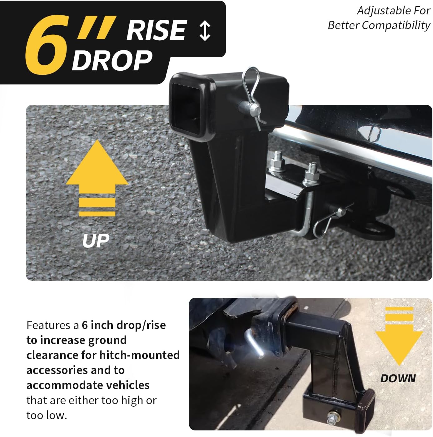 6" Rise/Drop Hitch Riser for 2" Receivers - 500 lb Tongue Weight, Solid Steel, Triple Pin Holes (50909)