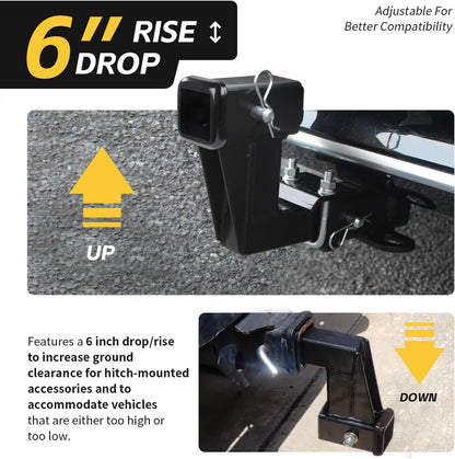 6" Rise/Drop Hitch Riser for 2" Receivers - 500 lb Tongue Weight, Solid Steel, Triple Pin Holes (50909)