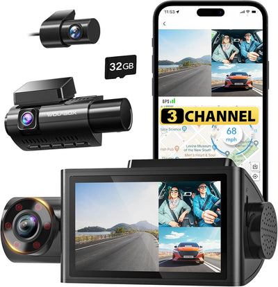 i07 3-Channel Dash Cam - 4K Front + 1080P Inside/Rear, WiFi GPS, 32GB Card, 24H Parking Mode
