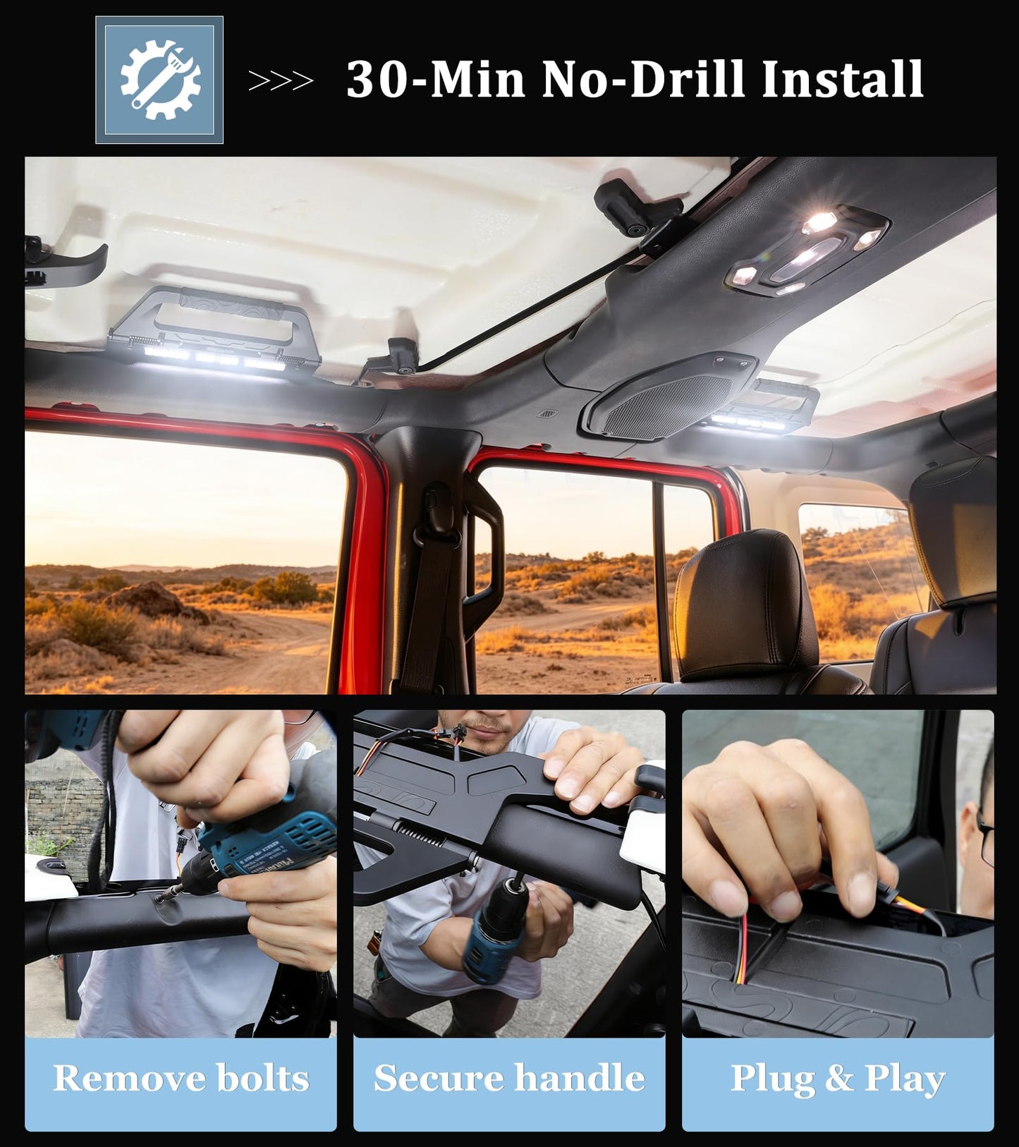 Wrangler JL JT Grab Handles with LED Lights, Aluminum, Bolt-In