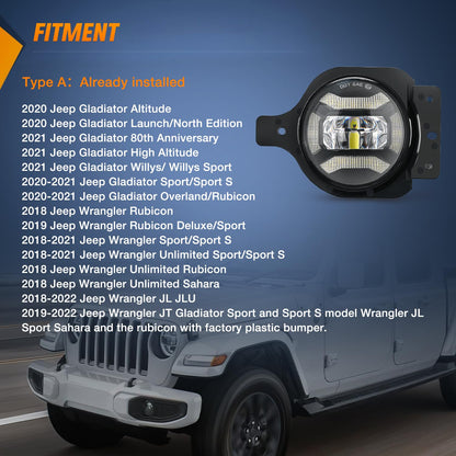 4" LED Fog Lights with Brackets for 2018-2023 Jeep Wrangler JL & Gladiator JT