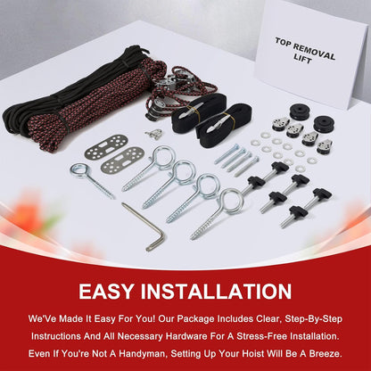 Hardtop Anti-Fall Removal Lift for Jeep Wrangler JL, JK, TJ, and Other Models with Hardtops | Idle Items, Kayak & Attic Hoist | Supports 8-16 ft Ceilings, Comes with 6 T-Knobs (Red)