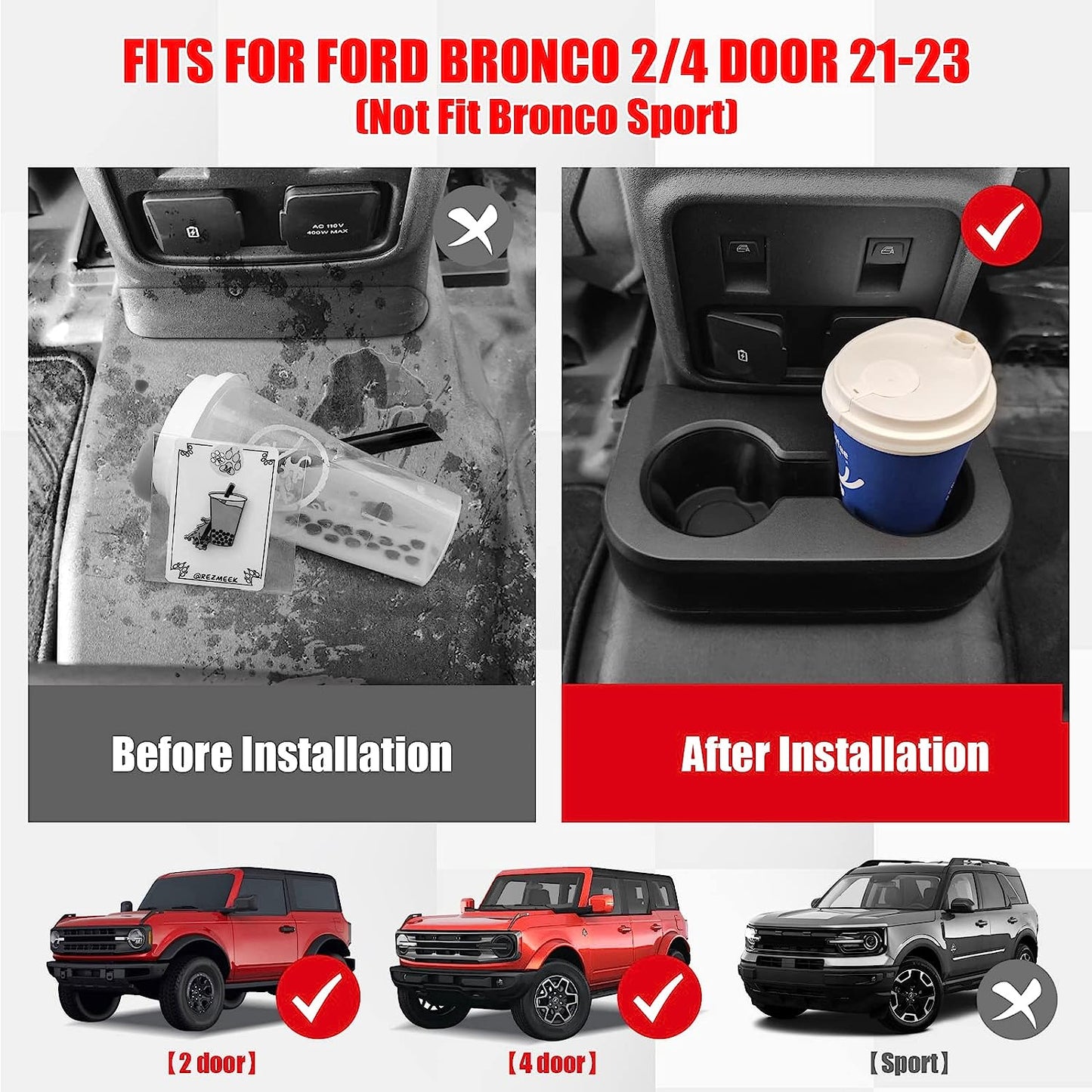 Removable Rear Dual Cup Holder for Ford Bronco 2021 2022 2023 2024
