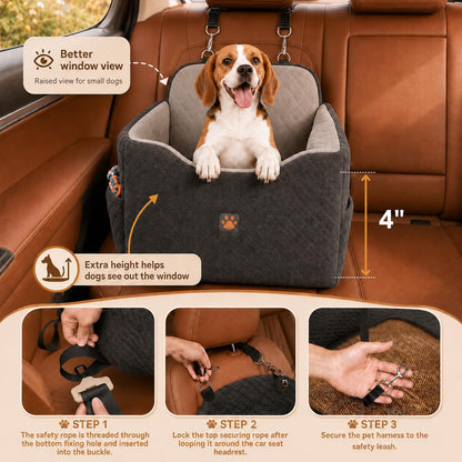 Small/Medium Dog Car Seat w/Side Opening - Thick Cushion, Detachable Washable, 35 lb Capacity (Grey)