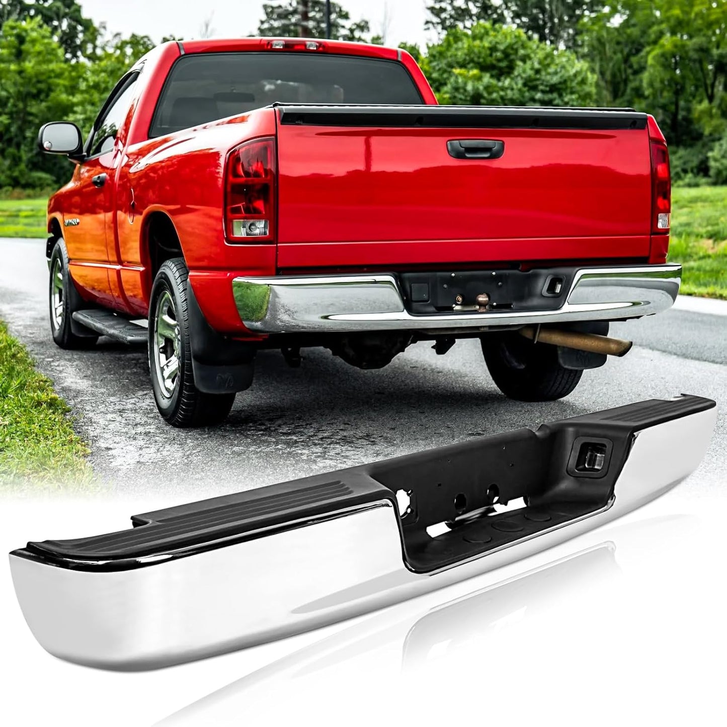 Steel Rear Step Bumper Assembly Compatible with 2002-2009 Dodge Ram 1500 2500 3500, Chrome Back Bumper Fit For 02-09 RAM Replacement for CH1103108