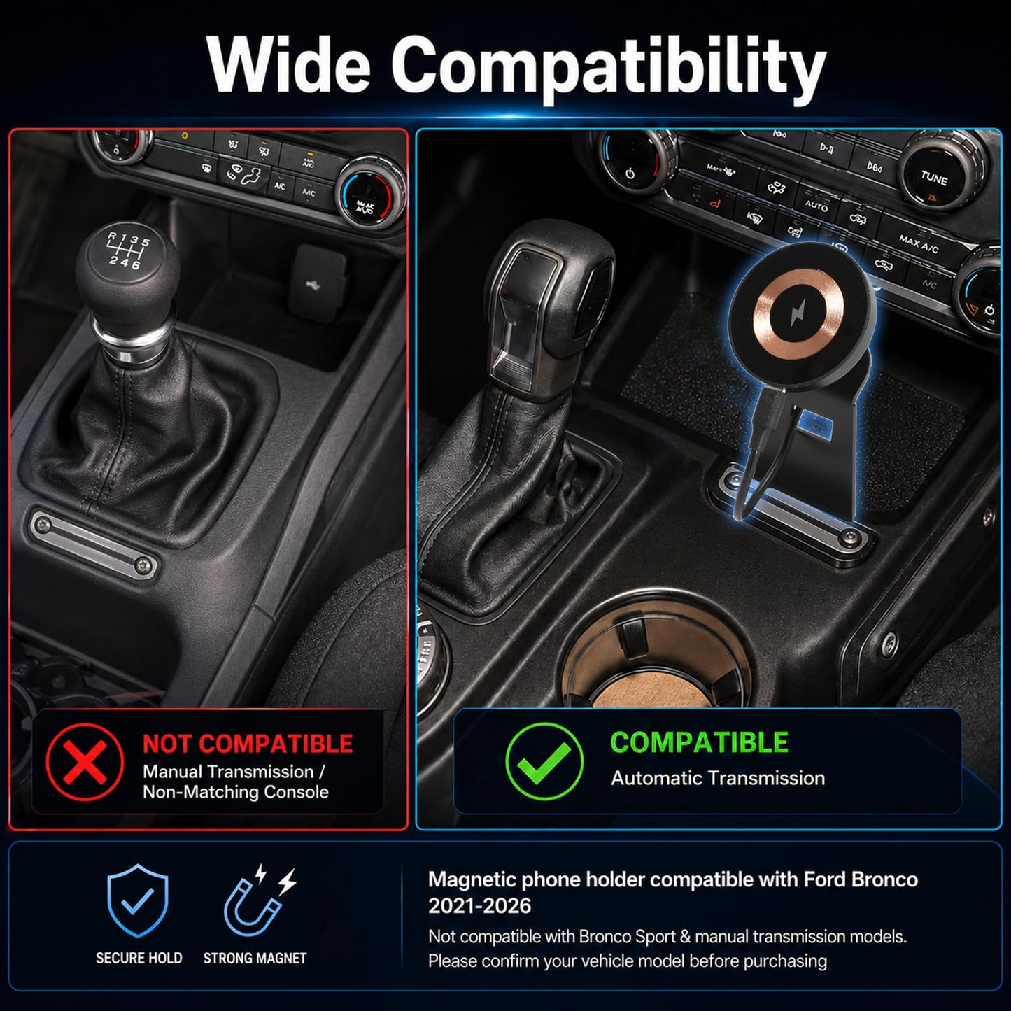 Magnetic Wireless Car Charger Mount for Ford Bronco