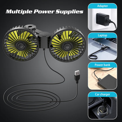 Dual Head USB Car Fan for Backseat, 3 Speeds, Adjustable Clip