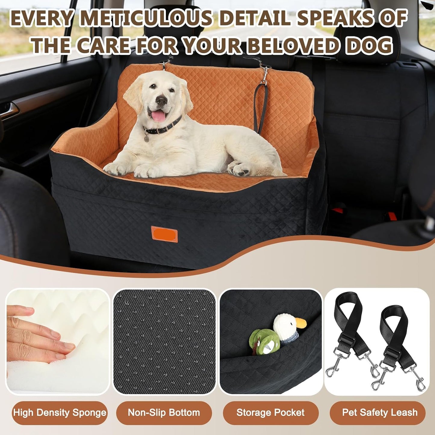 4" Raised Foam Dog Booster Seat - Safety Leash, Washable Cover for Medium/Large Dogs (Car/Truck/SUV)