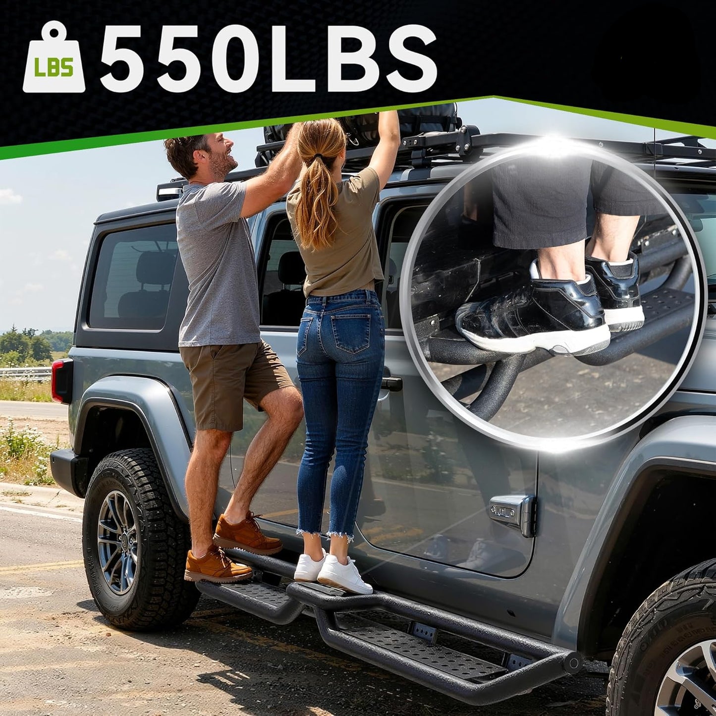 6" Two-Stair Running Boards for 2018-2026 Jeep Wrangler JL 4-Door - Black