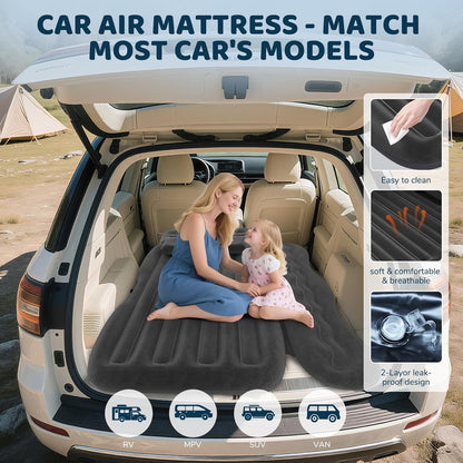 Inflatable SUV Air Mattress with Pump & Pillows - Foldable Travel Bed for Back Seat