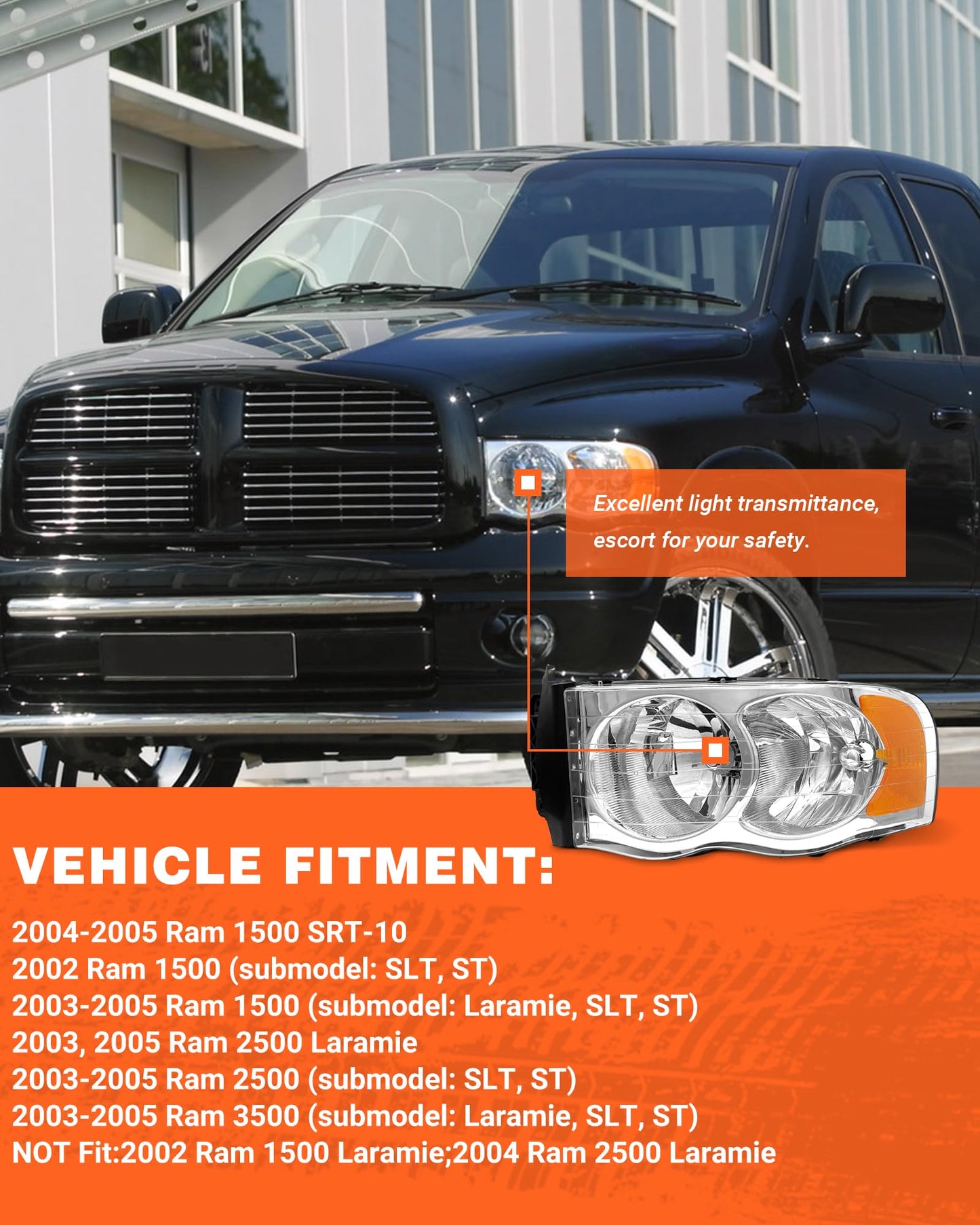 Chrome Headlight Assembly (Left+Right) for 2002-2005 Dodge Ram 1500 & 2003-2005 Ram 2500/3500