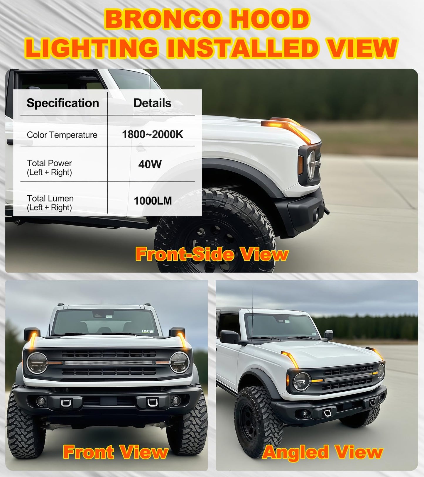 Bronco Hood Handle Trail Lights: Amber DRL, Side Markers, IP68 Waterproof