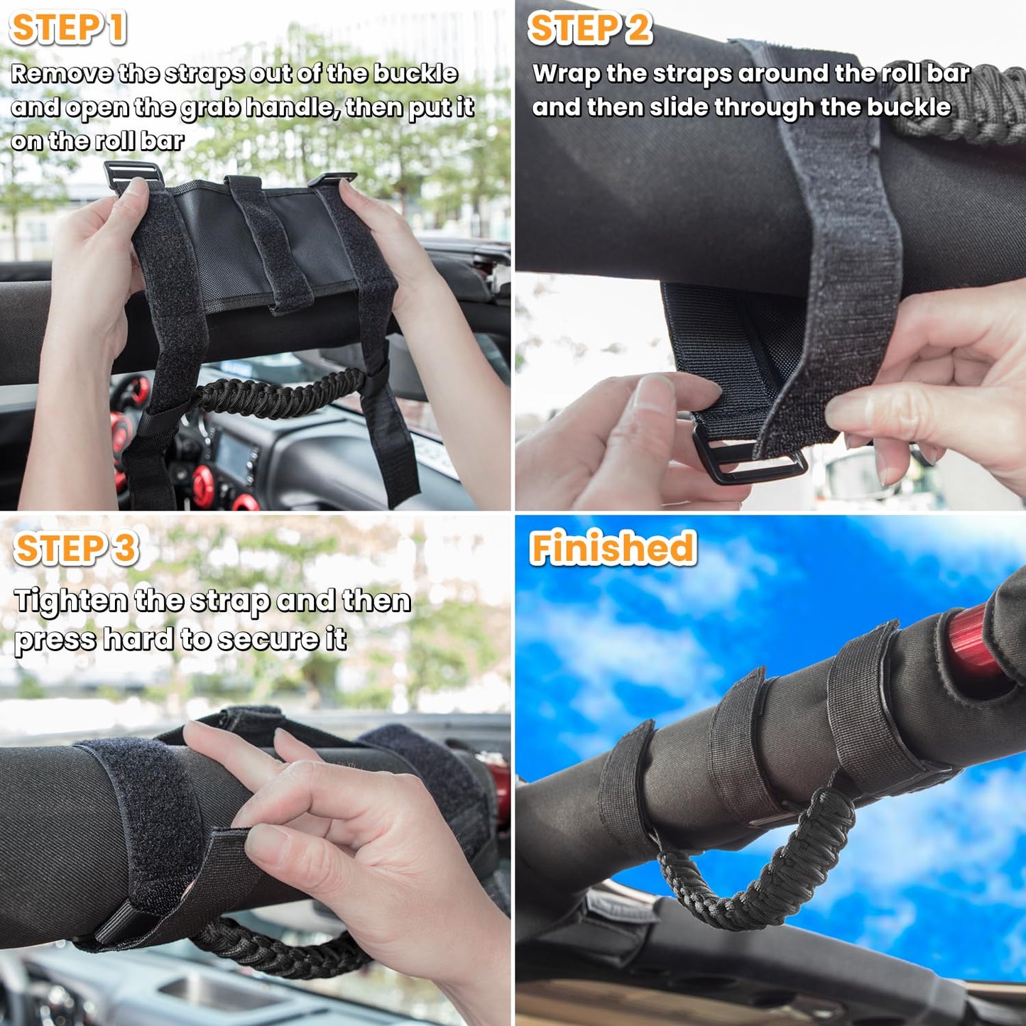 4-Pack Roll Bar Grab Handles for Jeep Wrangler & Gladiator (1955-2023, Black)