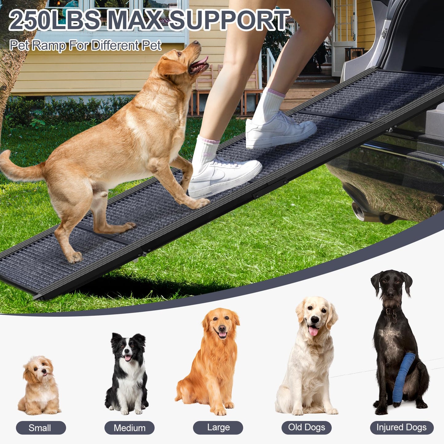 63" Long & 17" Wide Folding Portable Pet Stair Ramp with Non-Slip Rug Surface - OHMU