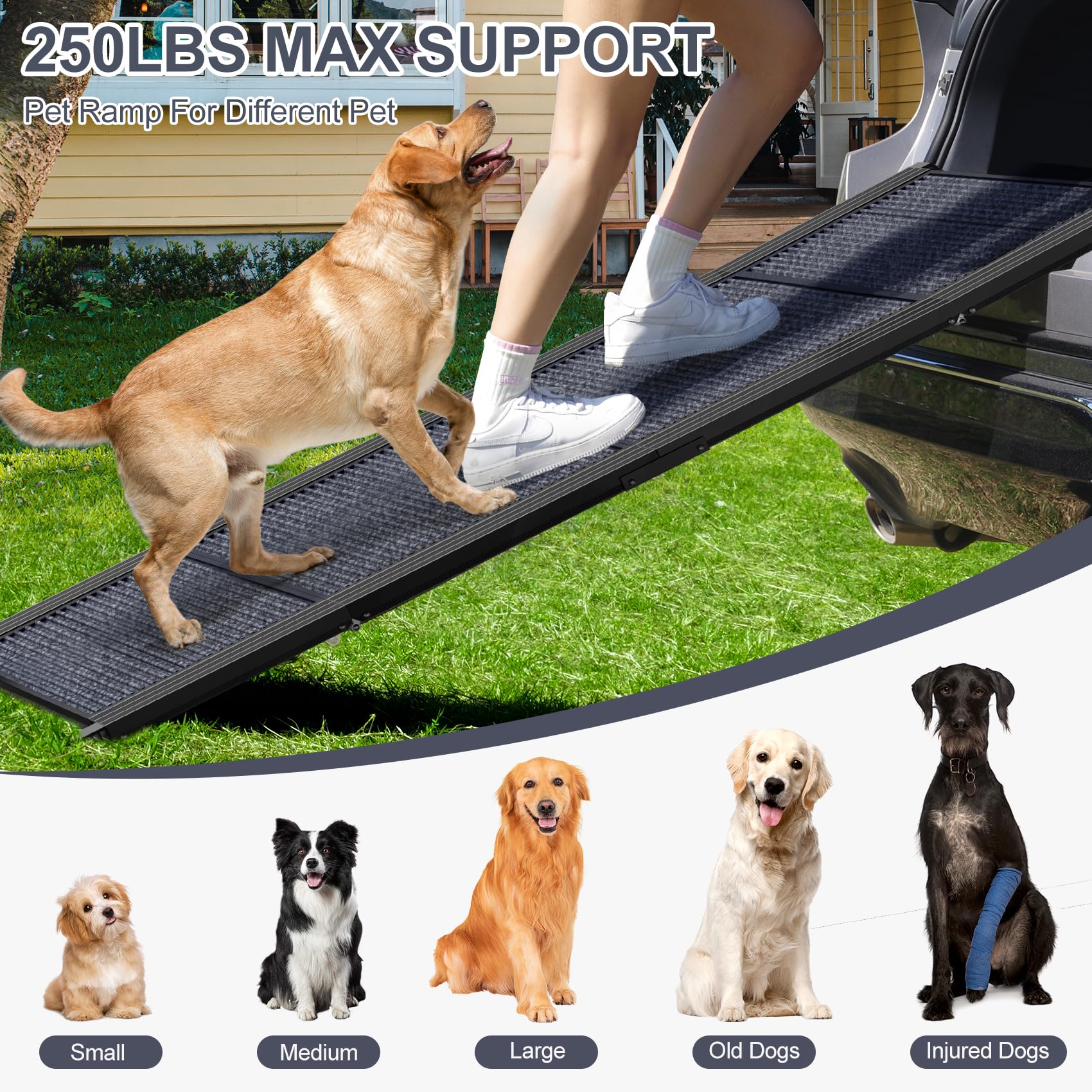 63" Long & 17" Wide Folding Portable Pet Stair Ramp with Non-Slip Rug Surface - OHMU