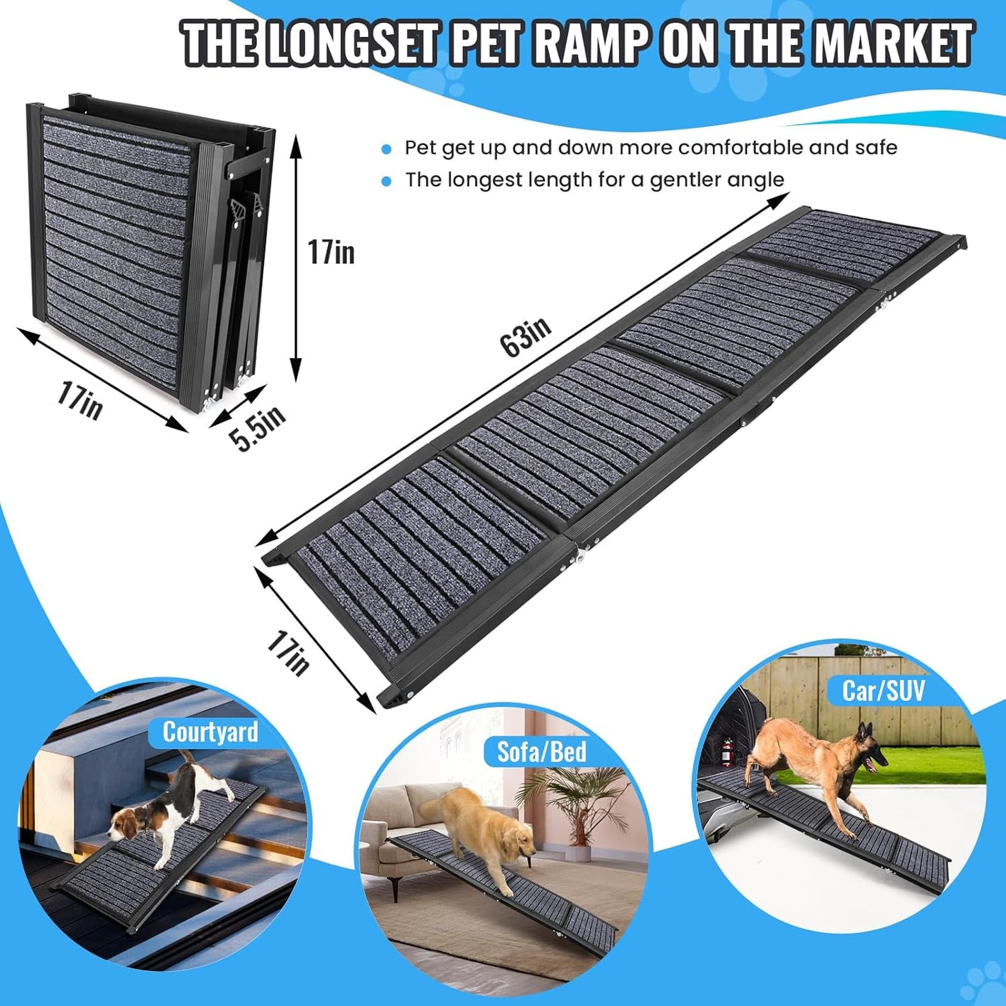 63"x17" Folding Dog Ramp - Non-Slip, Side Handle, Portable for SUV/Truck/Car