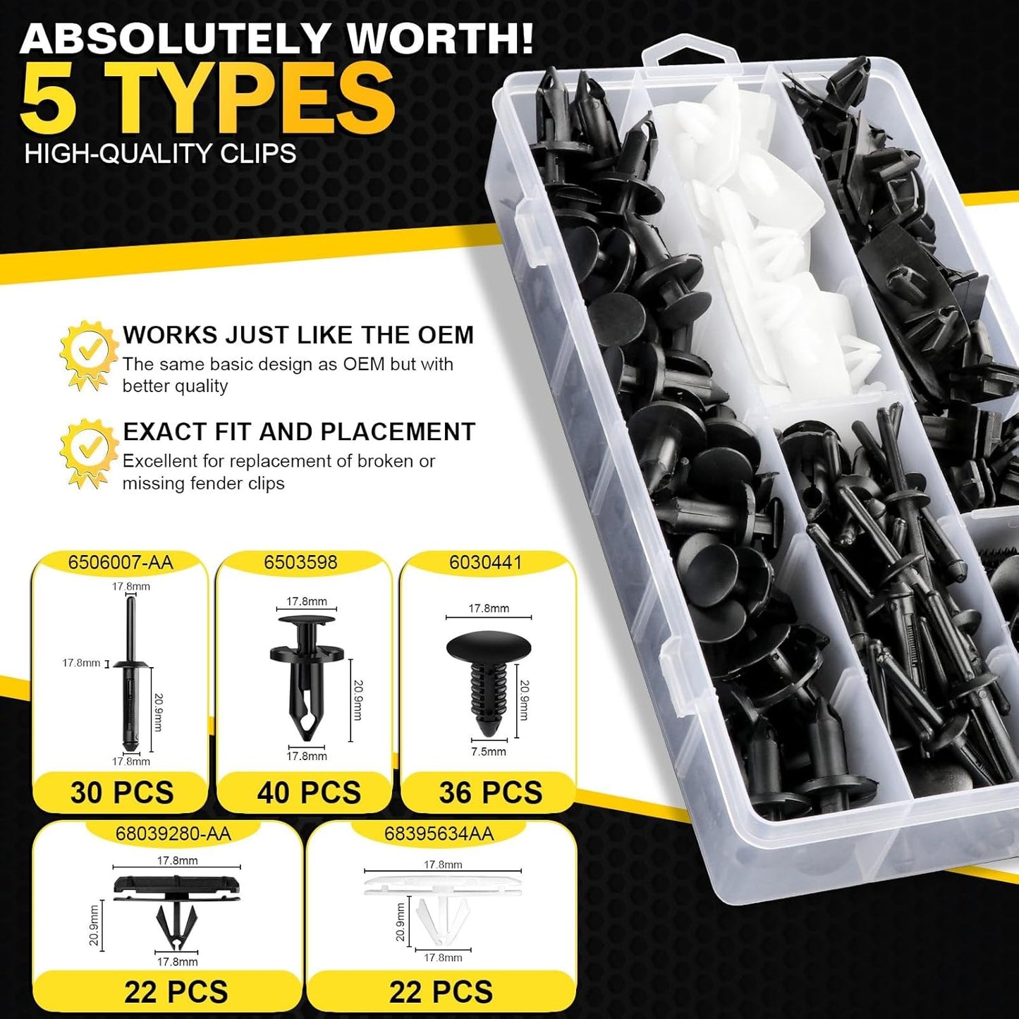 5-Size Fender Flare Clip Kit for 2007-2022 Jeep Wrangler & 2005-2010 Grand Cherokee/Liberty