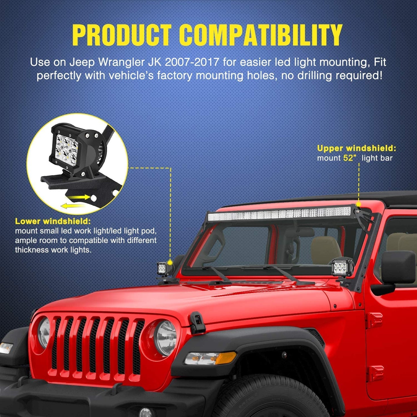 52" LED Light Bar & 4" Spot Pods Combo with Mount for 2007-2017 Jeep Wrangler JK