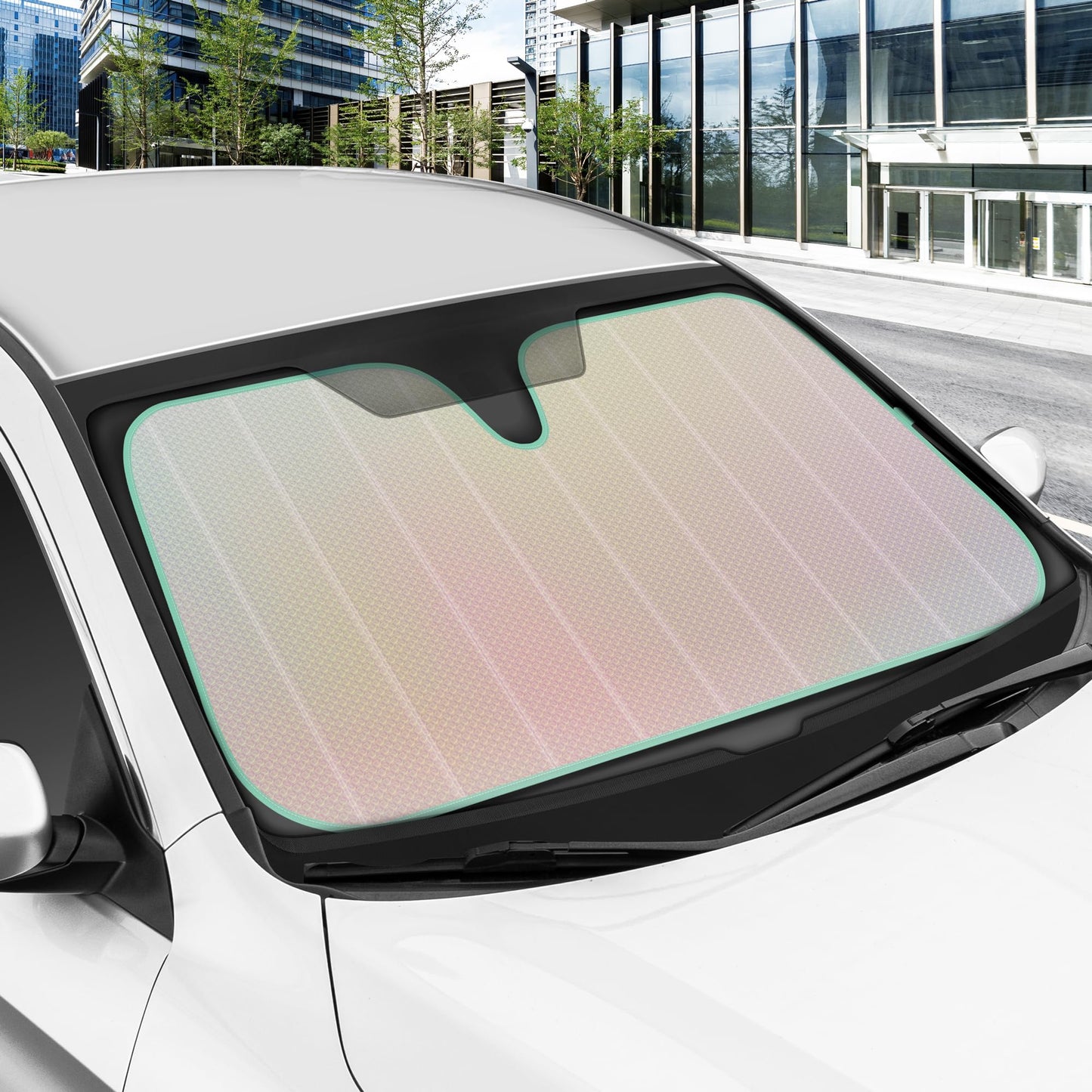 Iridescent Matte White Sunshade (58"x27") for Car/Truck/SUV - UV Block & Accordion Fold