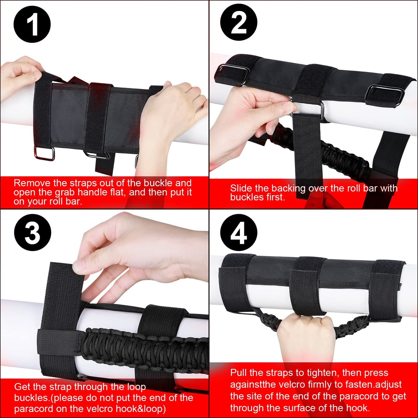4-Pack Black Roll Bar Grab Handles for Jeep Wrangler & Gladiator (Paracord)