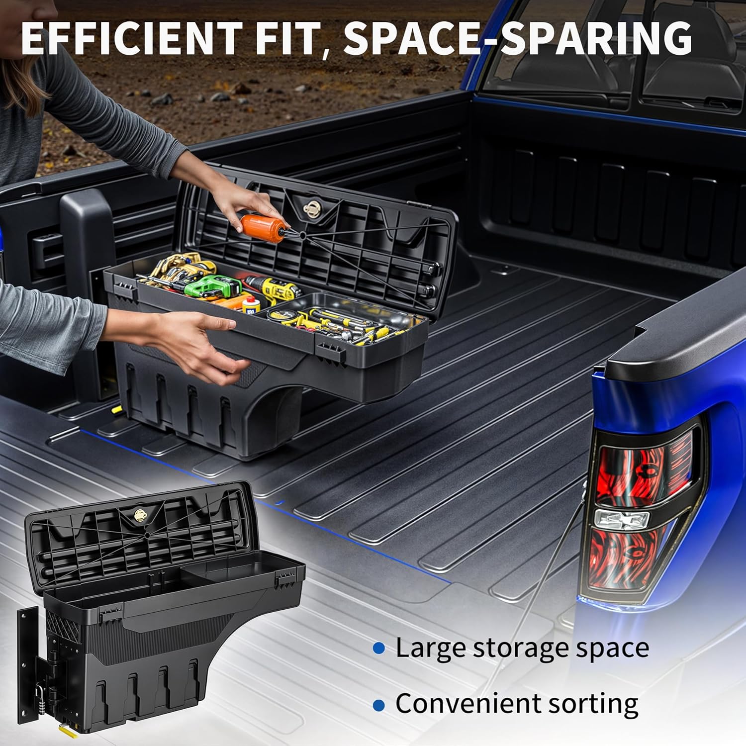 OEDRO Truck Bed Storage Tool Box Fits 2015-2025 Ford F150 Driver Side + Passenger Side, 180 Degree Rotation Rear Tool Boxs with Lockable Lid & Password Padlock, Black Waterproof Wheel Well Storage