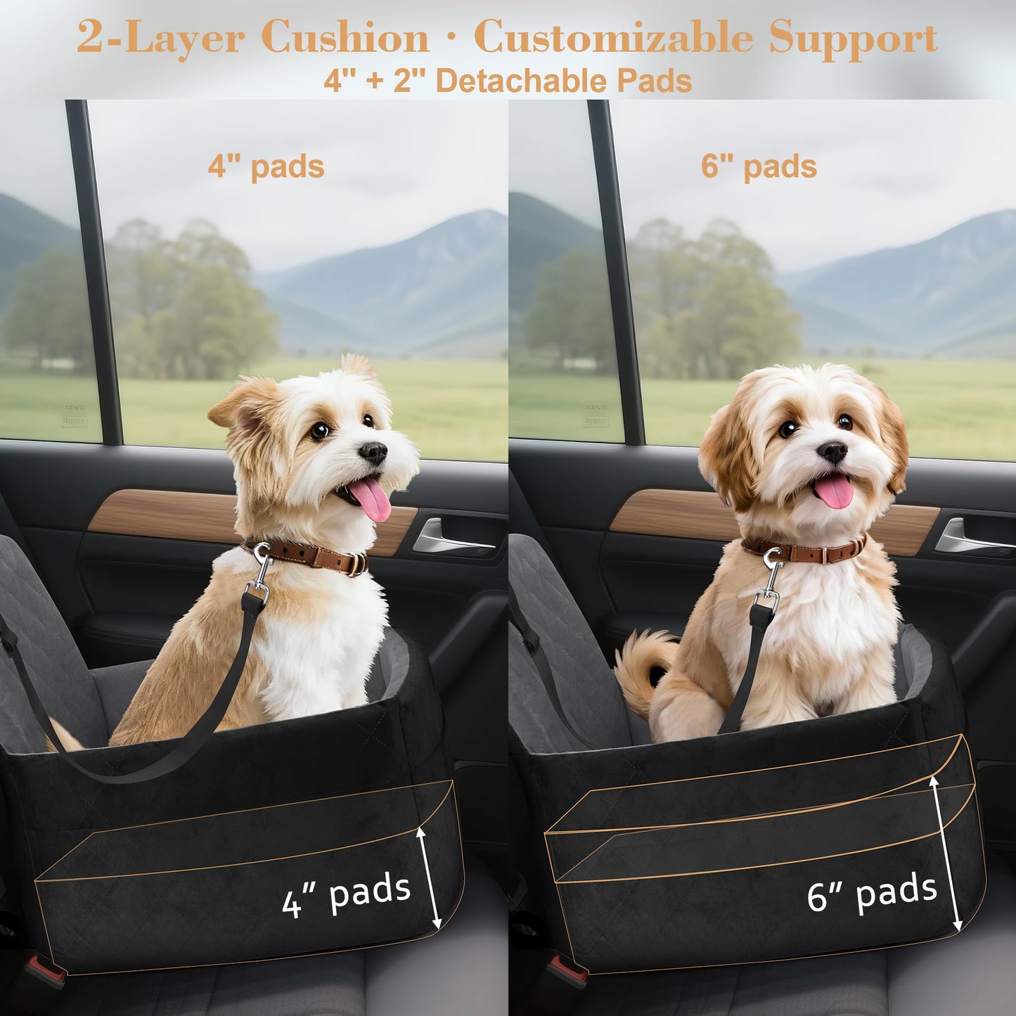 Elevated Dog Booster Seat (15-35 lbs) - Soft 4+2" Pads, Removable Cover, Safety Belt, Storage Pockets