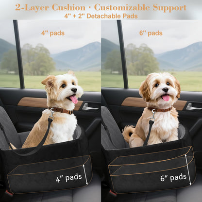 Elevated Dog Booster Seat (15-35 lbs) - Soft 4+2" Pads, Removable Cover, Safety Belt, Storage Pockets