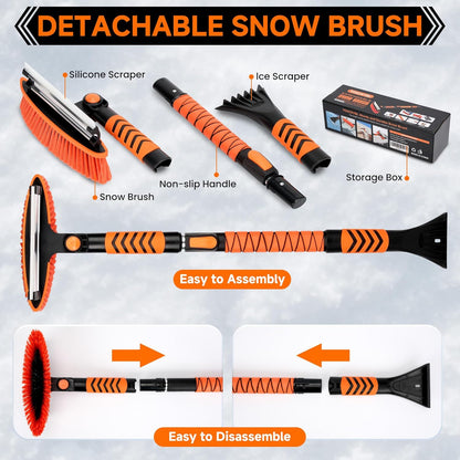43" 3-in-1 Extendable Snow Brush - 180° Pivot, Squeegee & Ice Scraper (Black/Orange)