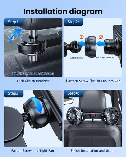 Dual-Head Car Fan for Back Seats, 360° Rotation, USB Powered