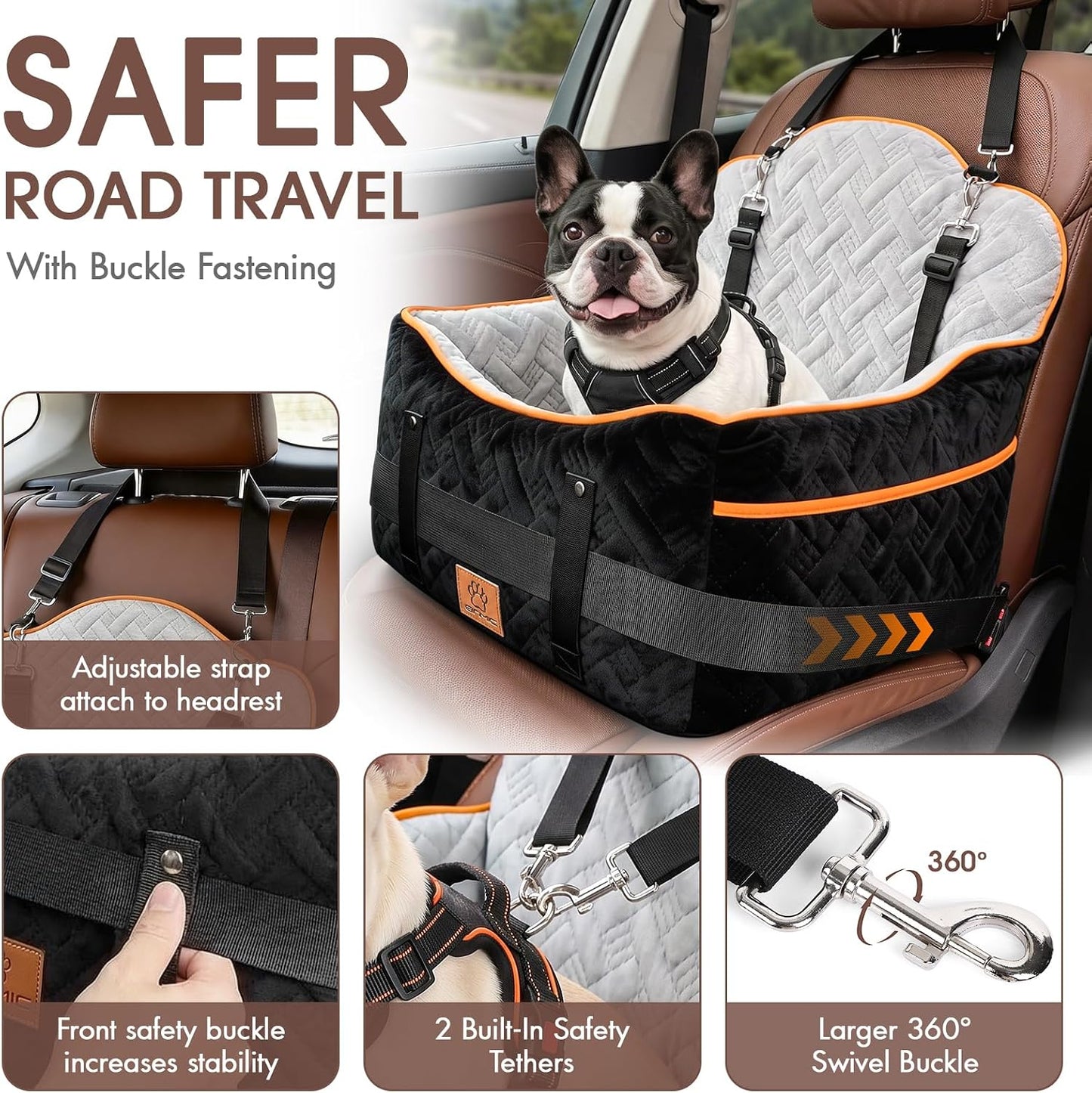 5.3" Memory Foam Dog Booster Seat - 35 lb Capacity, Dual Safety Leashes, Removable Cover (Black)