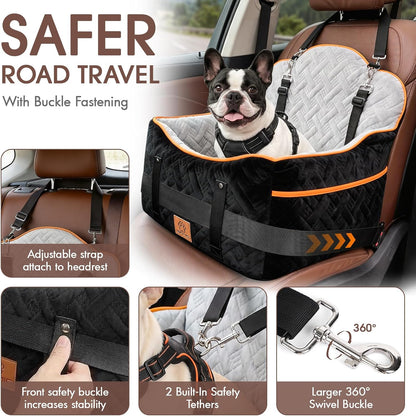 5.3" Memory Foam Dog Booster Seat - 35 lb Capacity, Dual Safety Leashes, Removable Cover (Black)