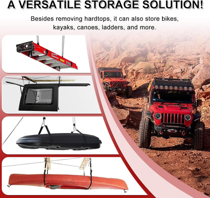 Hardtop Anti-Fall Removal Lift for Jeep Wrangler JL, JK, TJ, and Other Models with Hardtops | Idle Items, Kayak & Attic Hoist | Supports 8-16 ft Ceilings, Comes with 6 T-Knobs (Red)