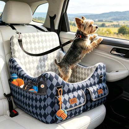 Memory Foam Dog Booster Seat - 4-Pocket Storage, Detachable Washable, Holds up to 35lbs (Blue/Grey)