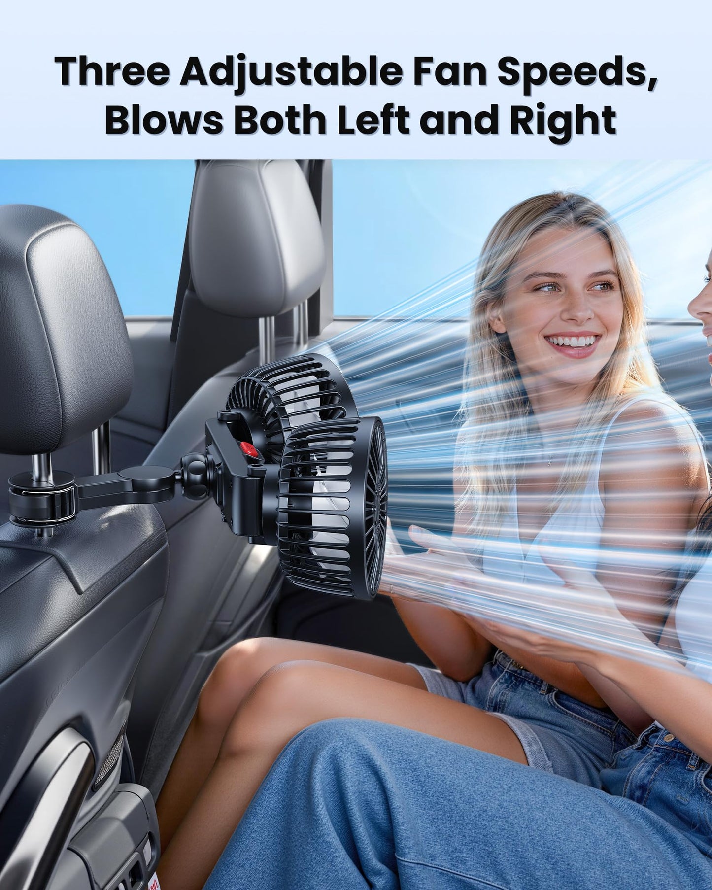 Dual-Head Car Fan for Back Seats, 360° Rotation, USB Powered