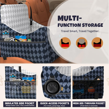 Memory Foam Dog Booster Seat - 4-Pocket Storage, Detachable Washable, Holds up to 35lbs (Blue/Grey)
