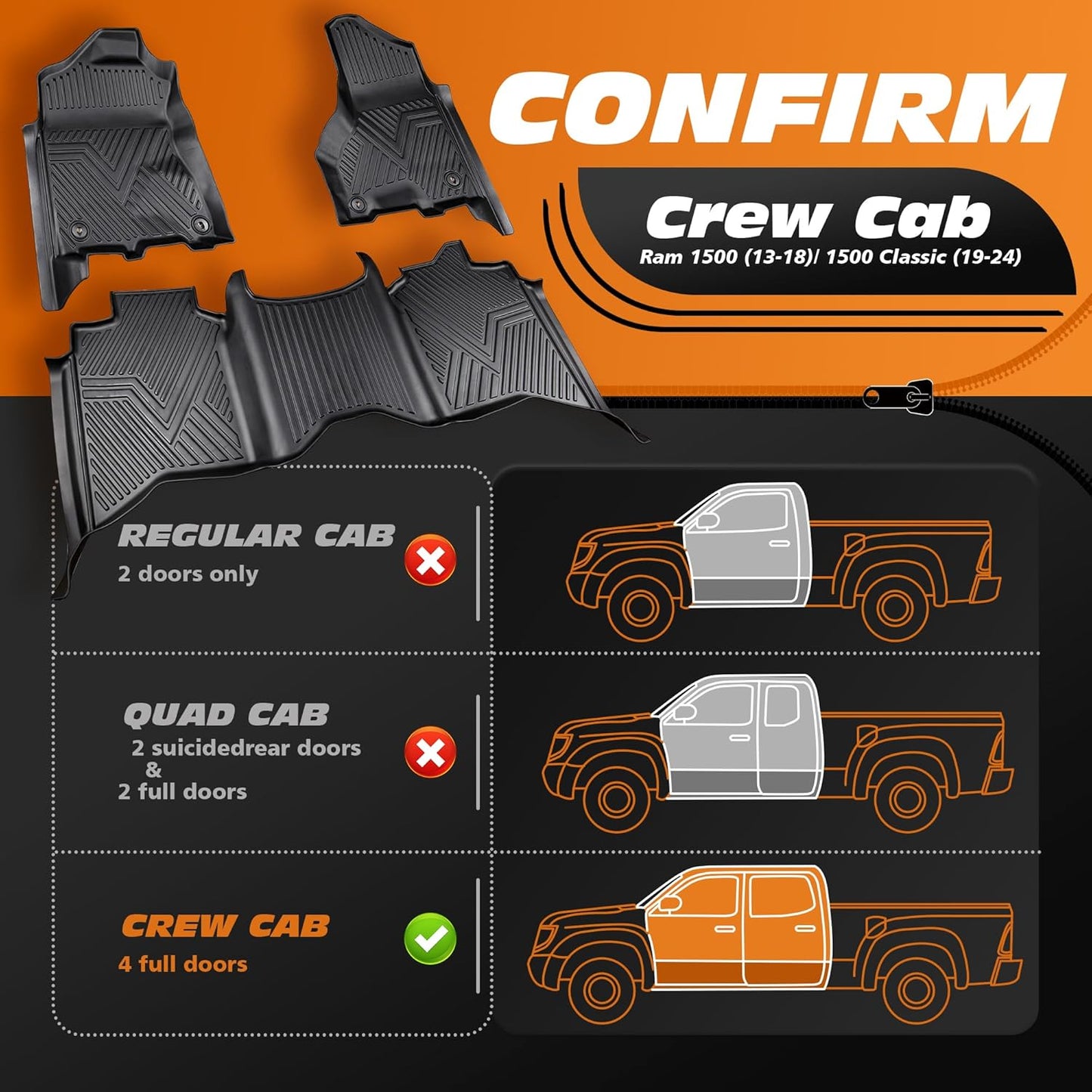Floor Mats for Ram 1500 2500 3500 Crew Cab (2013-2018) & Ram 1500 Classic (2019-2024) | Front & Rear Floor Liners | Fit with Cargo Liners | All-Weather Truck Accessories