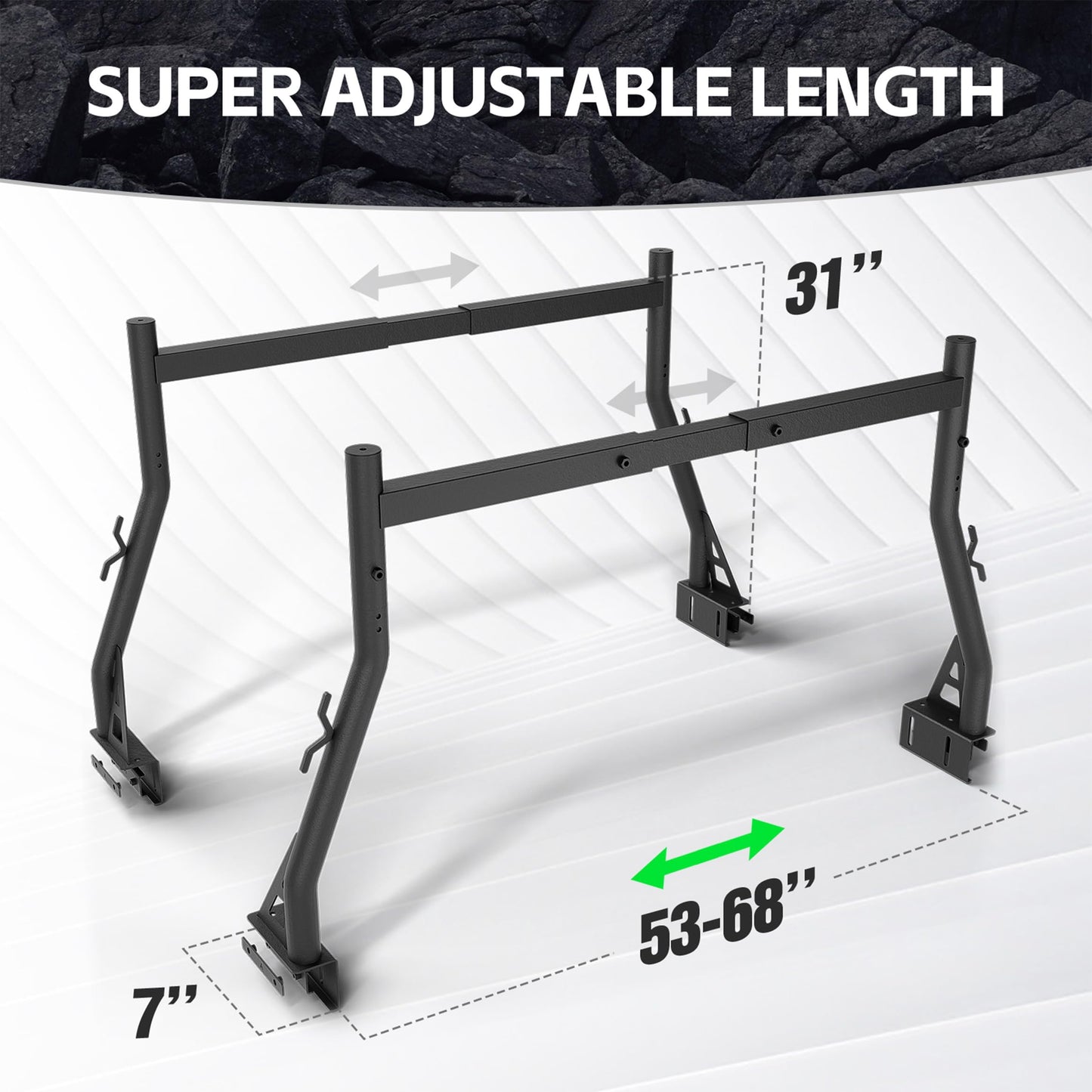 Extendable Non-Drill Truck Rack - 900 lb Capacity for 53"-68" Beds (Kayak/Lumber/Ladder)