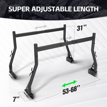 Extendable Non-Drill Truck Rack - 900 lb Capacity for 53"-68" Beds (Kayak/Lumber/Ladder)
