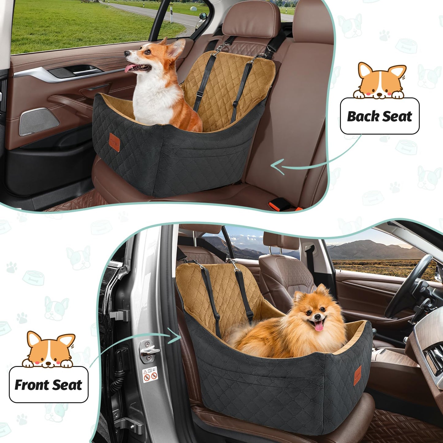 Dog Booster Car Seat for Medium Dogs Up to 40lbs Pets with 2 Clip-On Leashes