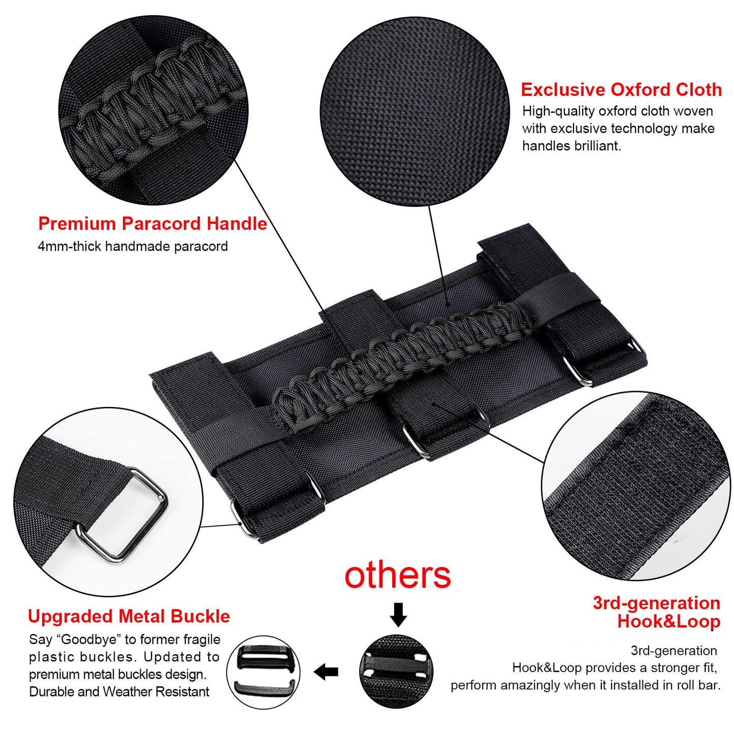 4-Pack Black Roll Bar Grab Handles for Jeep Wrangler & Gladiator (Paracord)