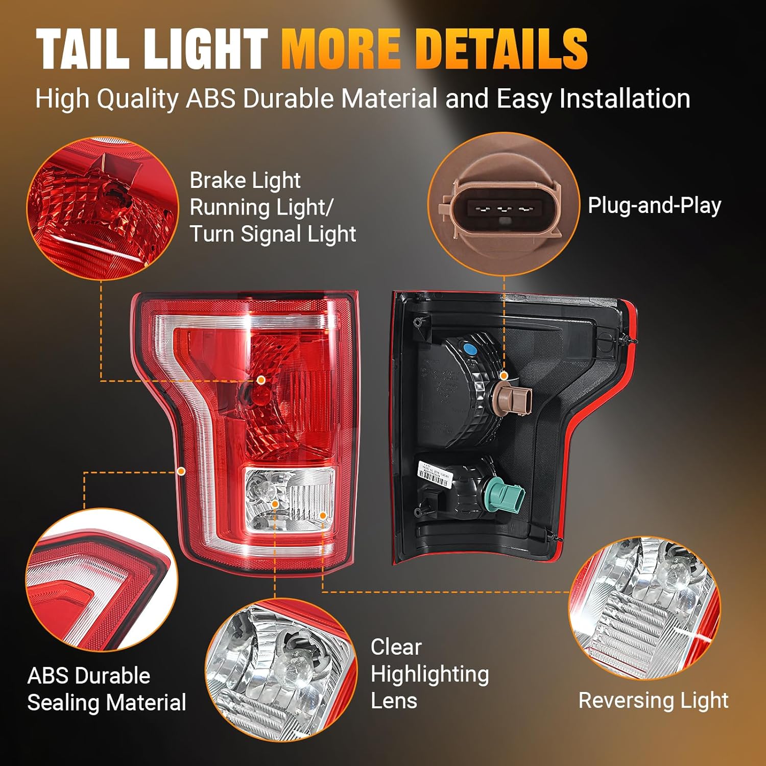 Tail Lights Assembly Compatible with 2015 2016 2017 Ford F-150 Left Driver Side Rear Light Brake Lamp Taillights with Bulbs, Replace FL3Z13405A